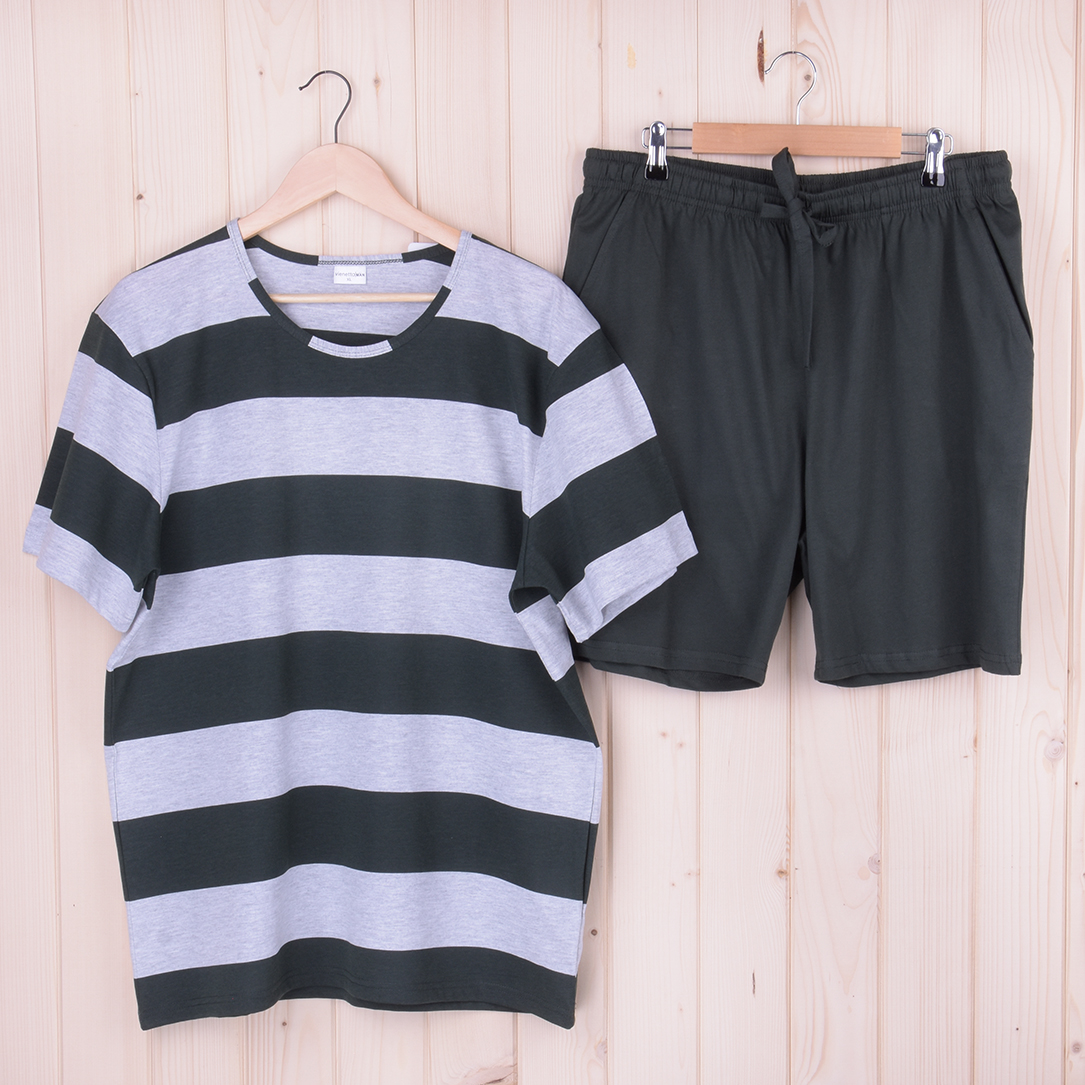 Piżama męska z krótkim rękawem i szortami 408075 rozm: 2XL pasy zielono-szare