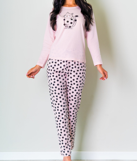 Piżama damska z długimi spodniami i rękawem KOTEK rozm: S jasny róż