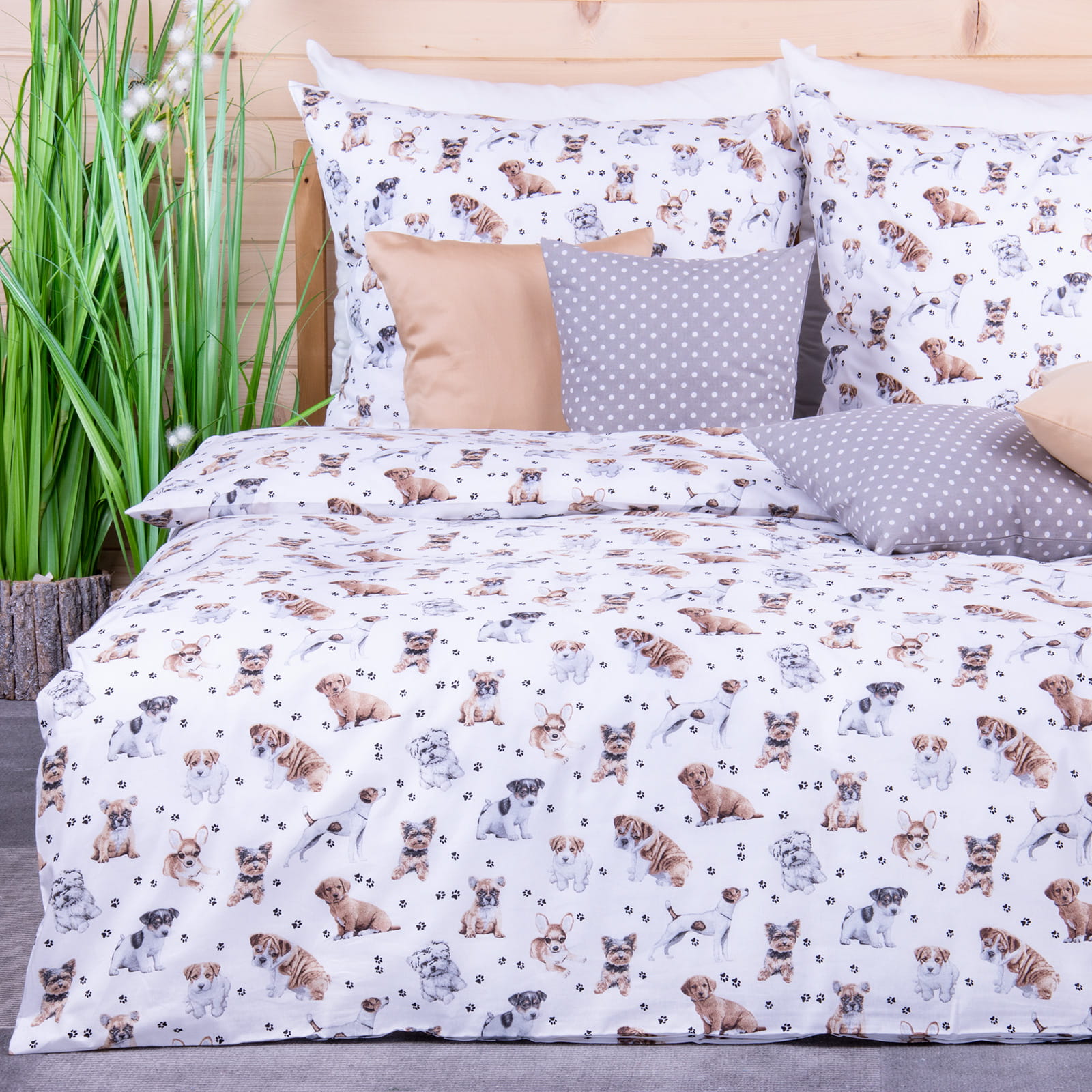 Pościel bawełniana 120x160 cm Pieski + łapki na białym tle