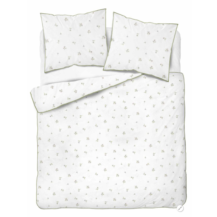 Pościel bawełniana Perkal 160x200 cm 5897A Drobne kwiatuszki na białym tle z ozdobną zieloną lamówką