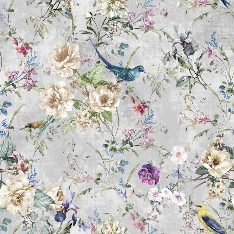 Obrus SOFT 130x180 cm 410026/001 Kwiaty i ptaszki na jasnoszarym tle