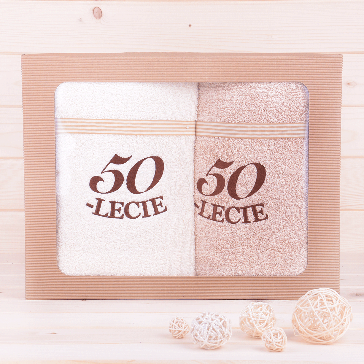 Komplet ręczników 2*70x140 cm 50-lecie wzór 3 ecru i beż + ciemny brąz haft