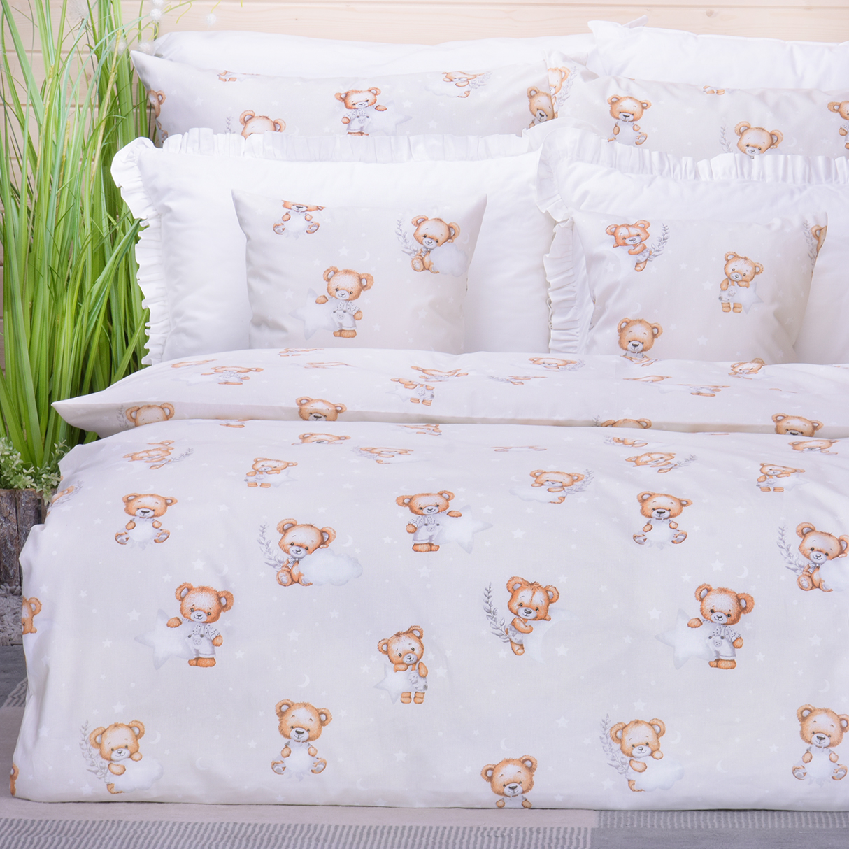 Pościel bawełniana 160x200 cm Podniebny świat misiów wzór 4 jasny beż