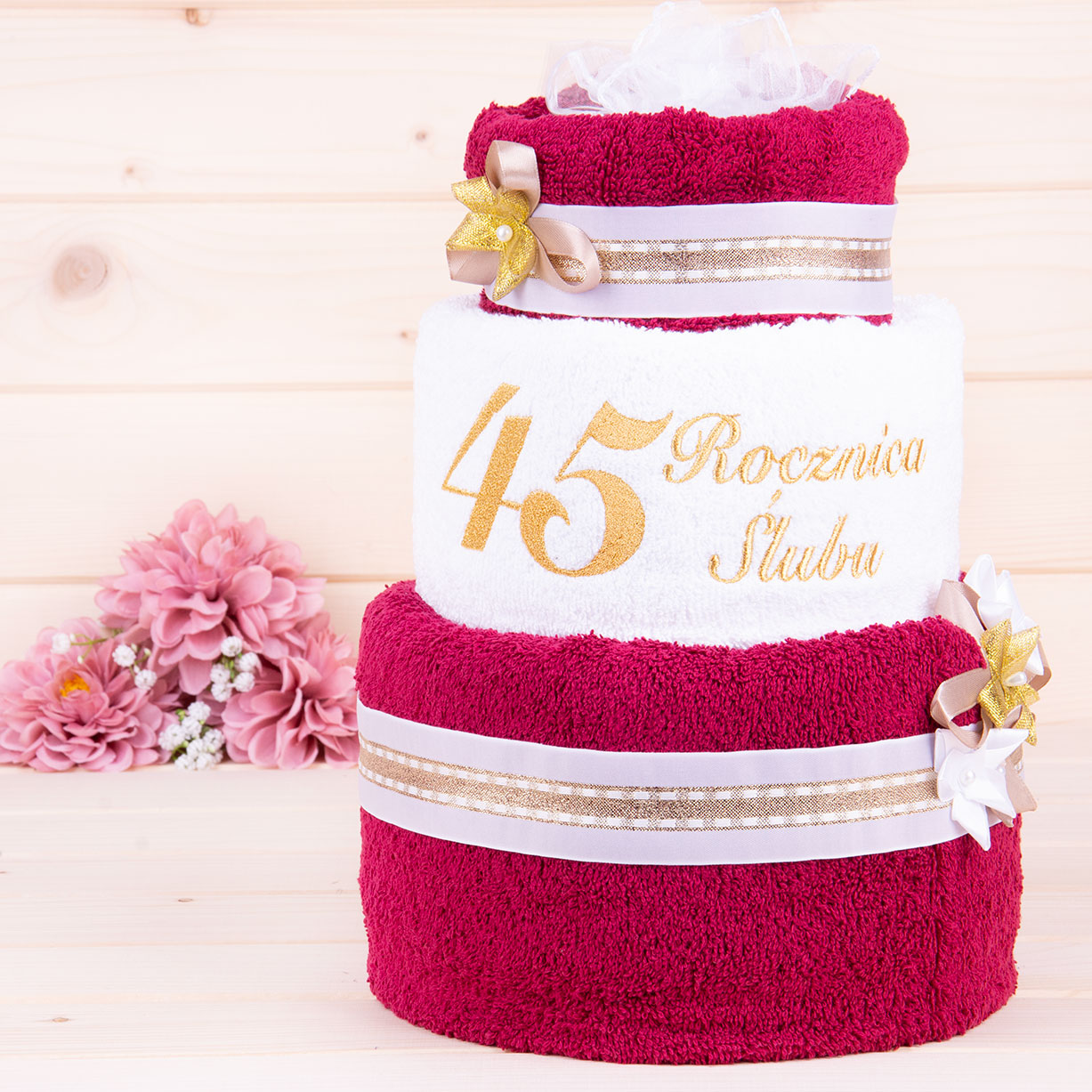 Tort z ręczników 3 poziomowy z haftem 45 rocznica ślubu bordo biały bordo ze złotym haftem wzór 3