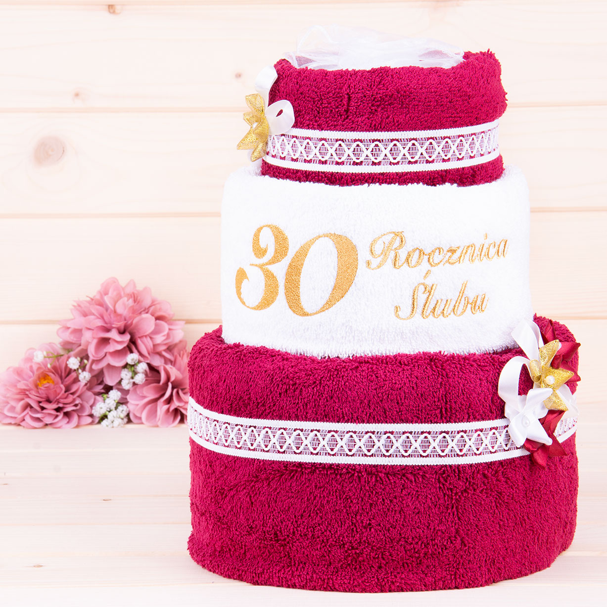 Tort z ręczników 3 poziomowy z haftem 30 rocznica ślubu wzór 2 w kolorach bordo biały bordo